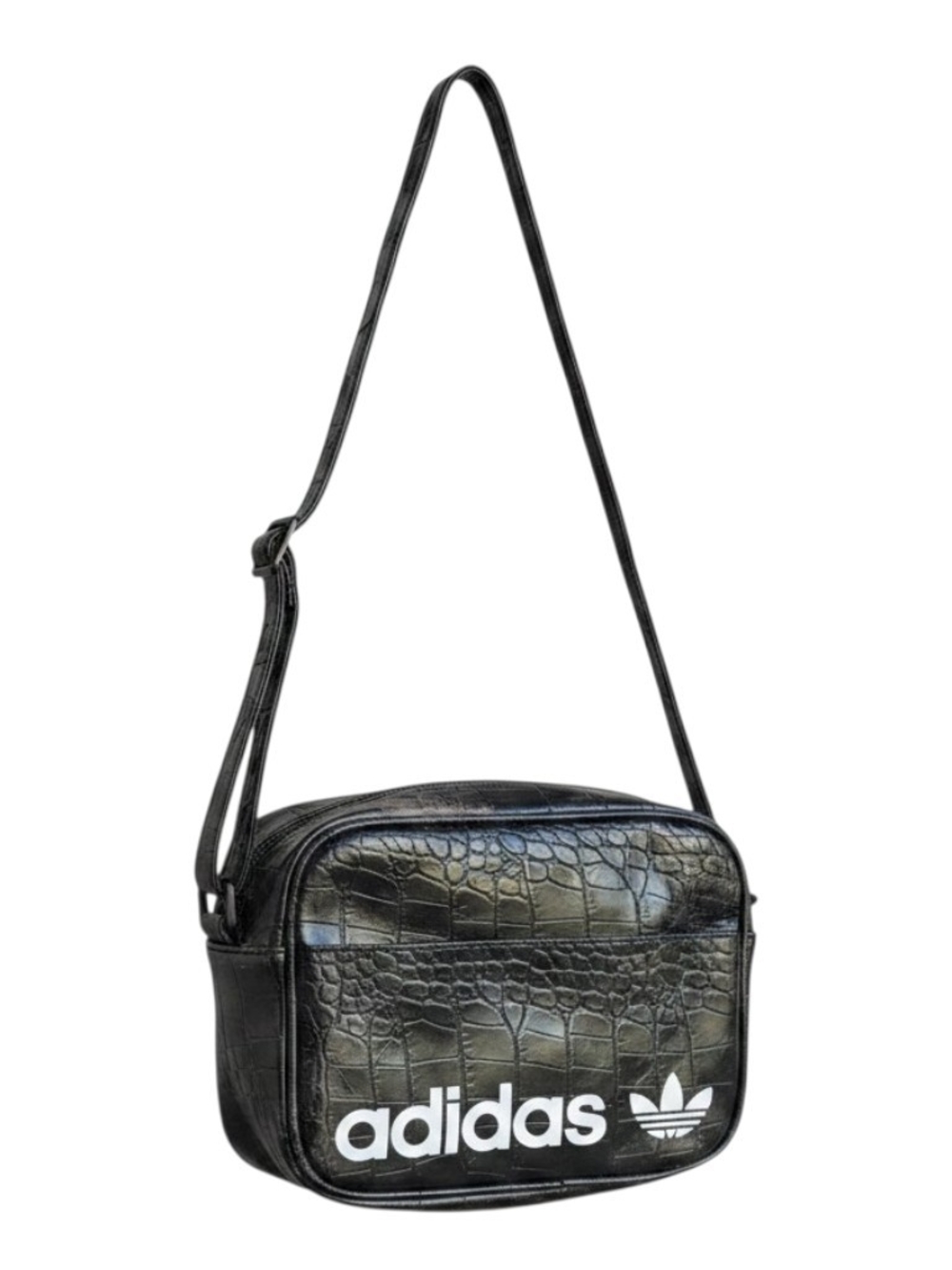 adidas Black Croc-Embossed Messenger Bag with White Logo